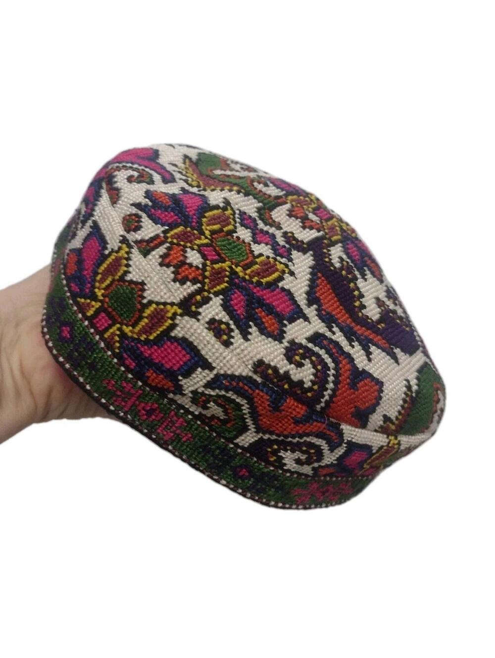 Handmade Vintage 60s Embroidered Folk Hat Cotton Lined Floral Needlepoint Cap